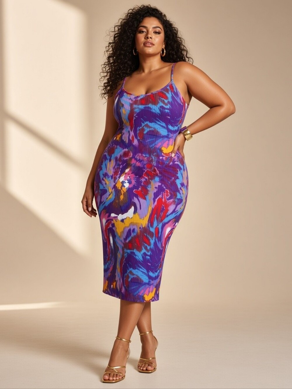 Women's Plus Rouge Collection Purple Abstract Watercolor Midi Dress Size 2X